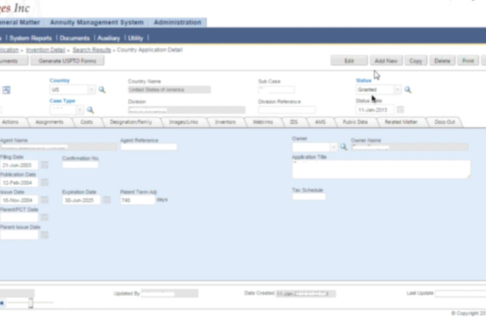 screenshot of CPi Trademark Management System